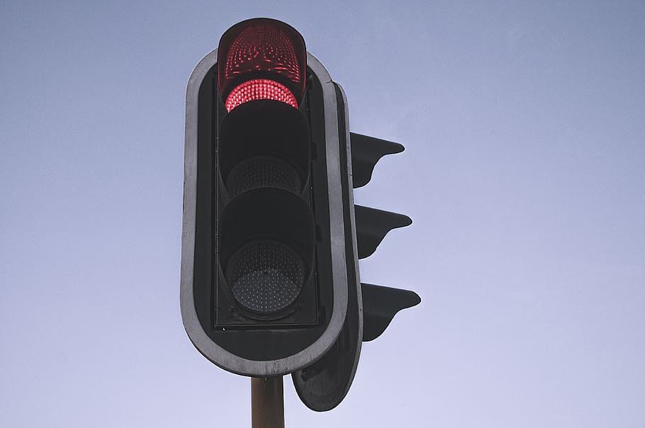traffic lights, stop, red, red light, robot, clear sky, low angle view HD wallpaper