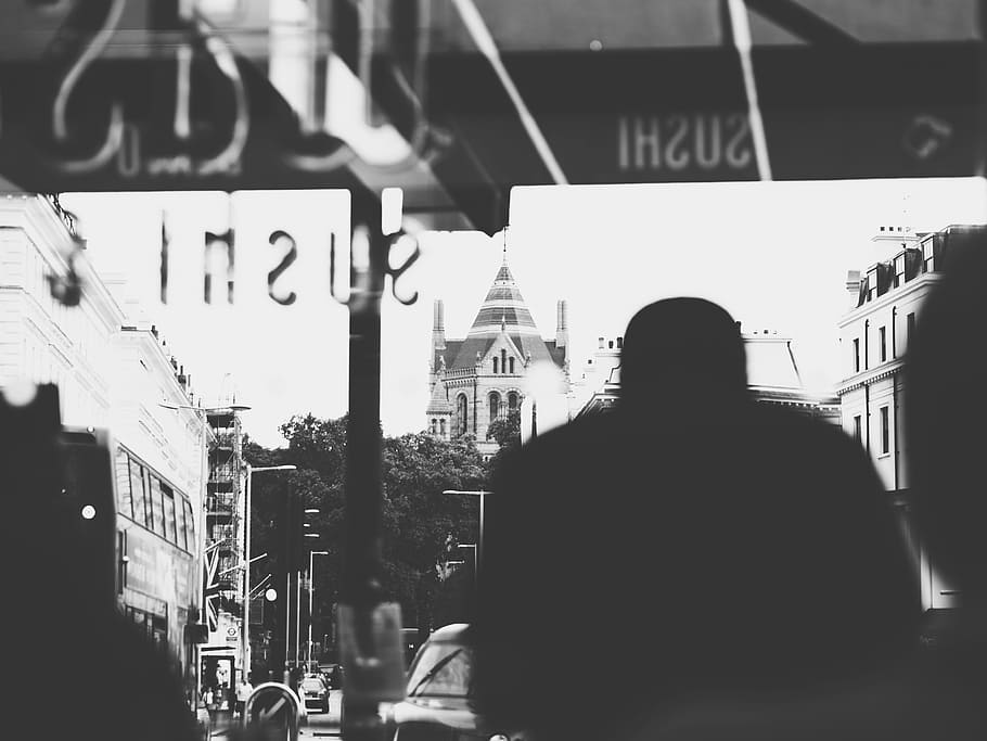 grayscale photography of man inside bus, silhouette of people inside room HD wallpaper