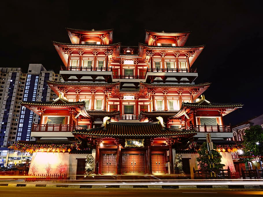 HD wallpaper: lighted red pagoda, buddha tooth relic temple, singapore ...