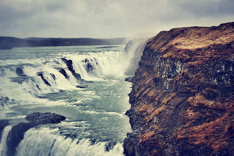 waterfall, iceland, gullfoss, river, stream, flowing, rock HD wallpaper
