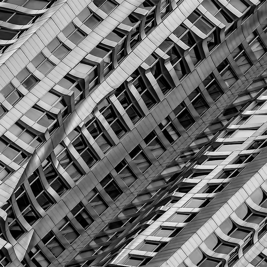 grayscale photography of buildings, Metal diagonal, window, architecture HD wallpaper
