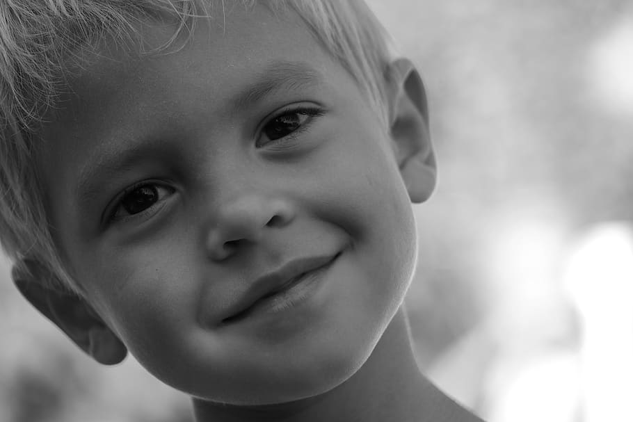 grayscaled photo of boy, portrait, child, face, human, smile HD wallpaper