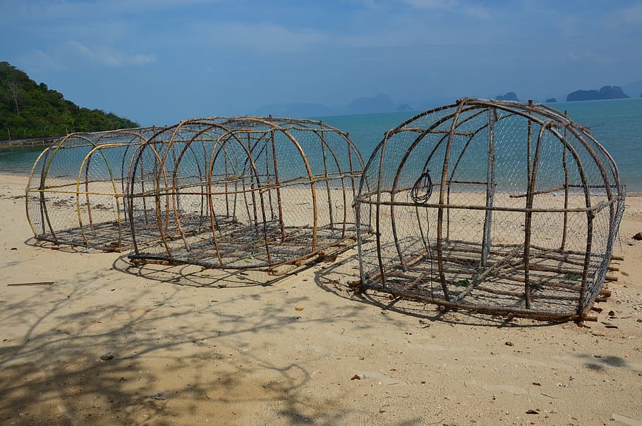 fish trap, baskets, beach, sea, thailand, water, fishing, sky HD wallpaper