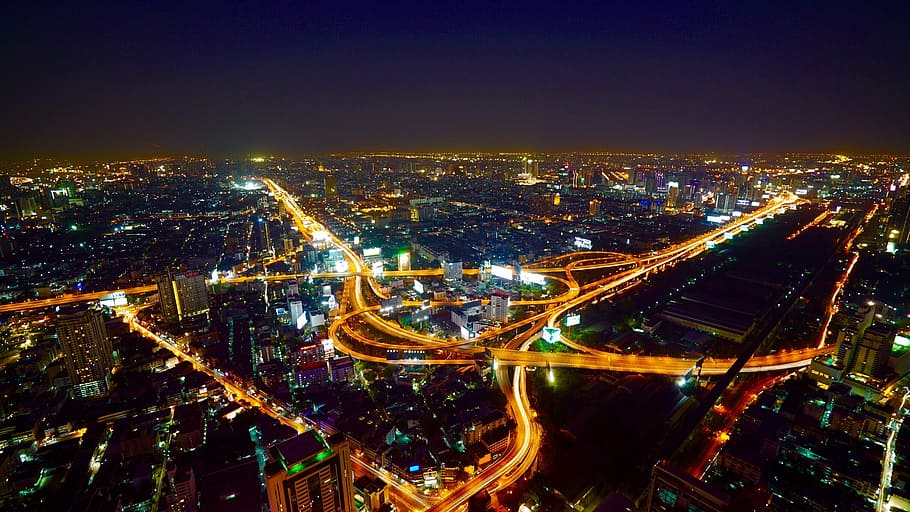 building lights during nightime, aerial, bangkok, city, traffic HD wallpaper