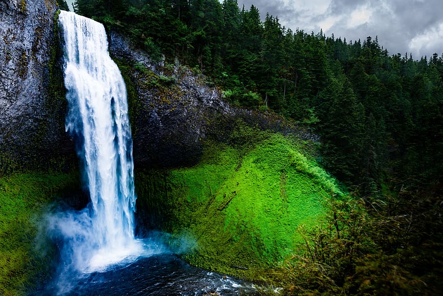 time lapsed photo of waterfall, cascade, landscape, leaf, moss HD wallpaper