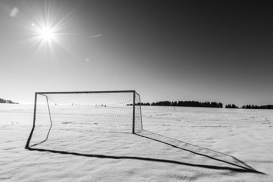 goal net on field grayscale photography, score, football, soccer
