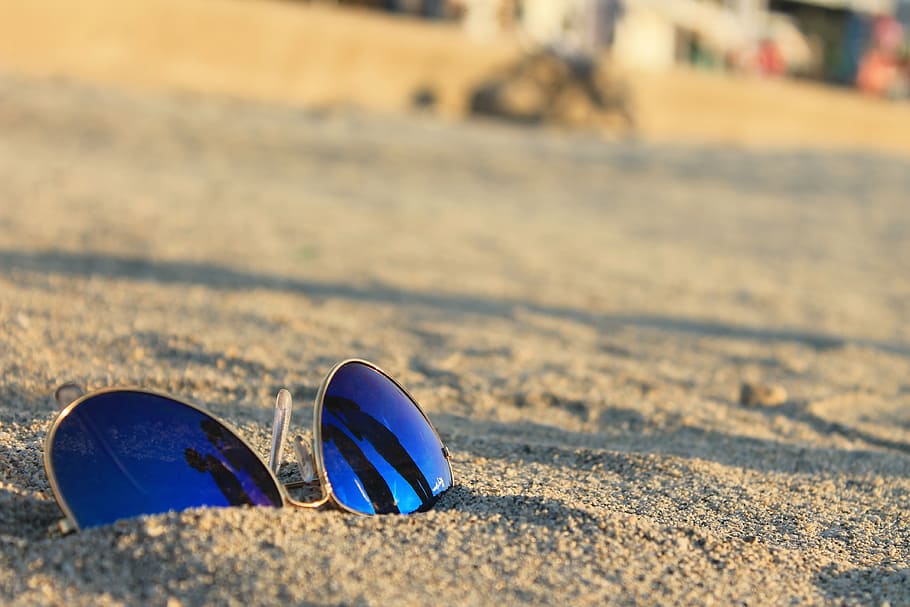 blue aviator sunglasses on brown sands, beach, light, summer HD wallpaper