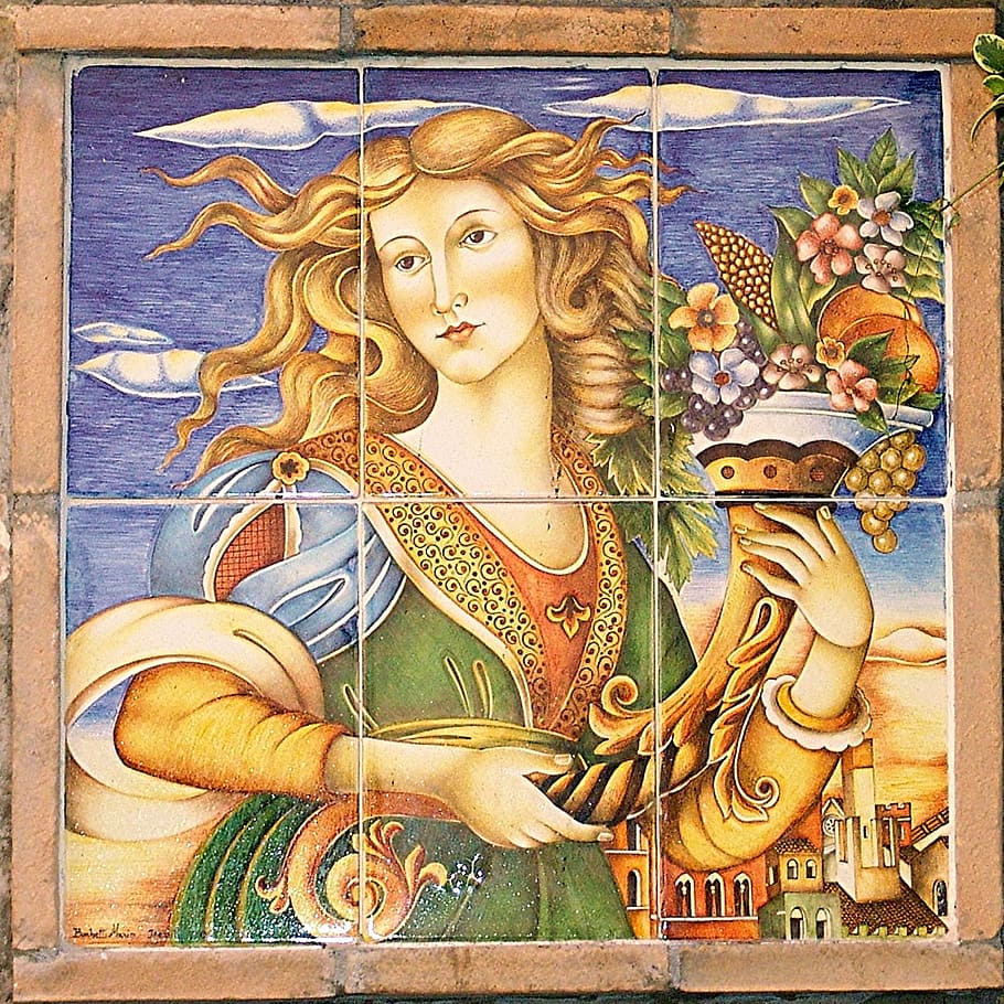 woman carrying vase with flowers painting on wall, cornucopia HD wallpaper