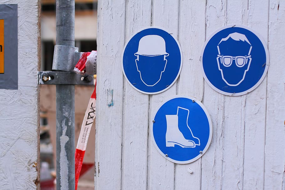three blue and white signages, osh, shield, head protection HD wallpaper
