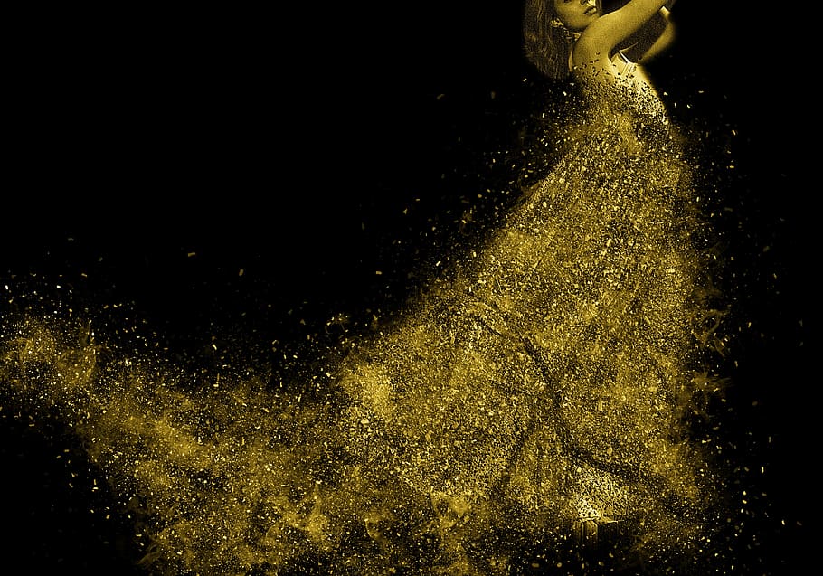 woman wearing gold glittering dress photo manipulation, movement HD wallpaper