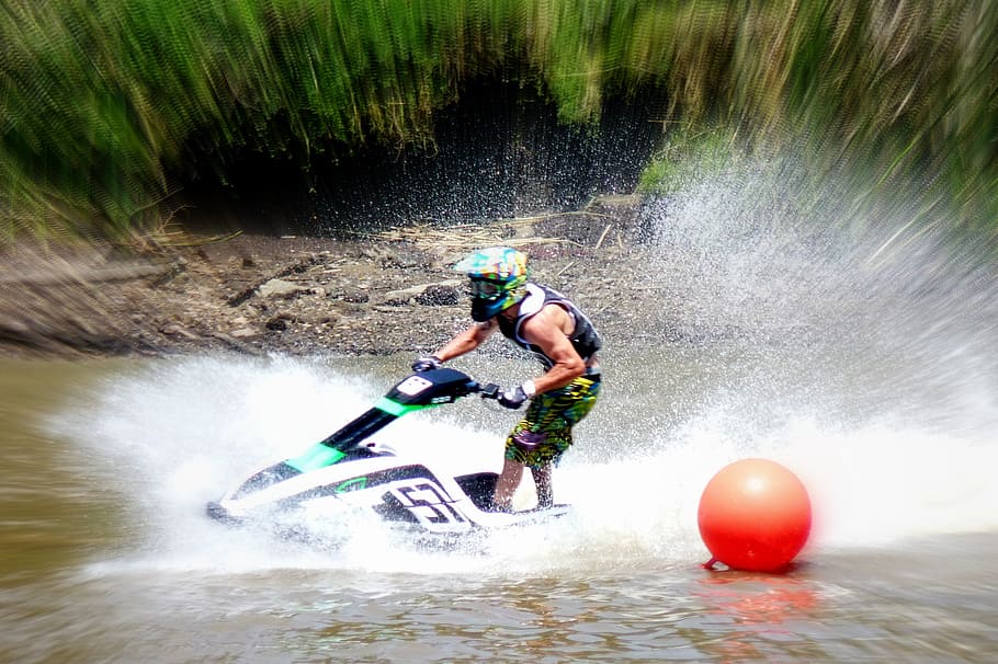 jetski, splash, water splashes, play, speed, race, buoy, harbor HD wallpaper