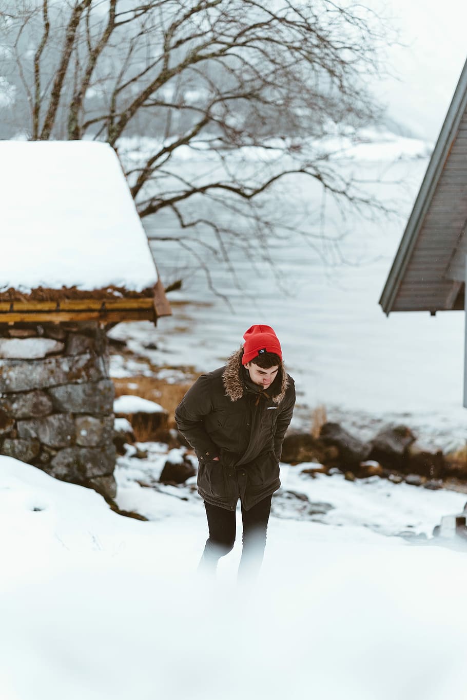 man in brown fur-trim hooded jacket wearing red knit cap walking on snow-terrain during daytime HD wallpaper