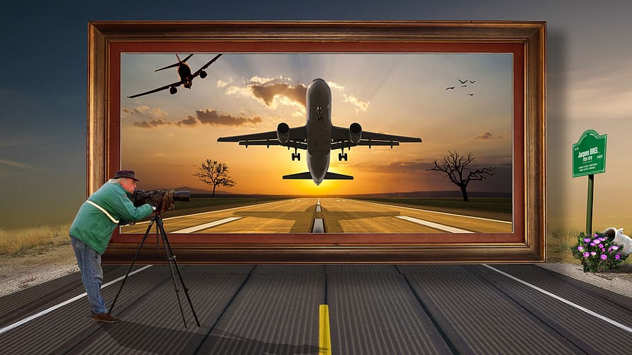 take-off, plane, photograph, sky, sunset, transportation, air vehicle HD wallpaper