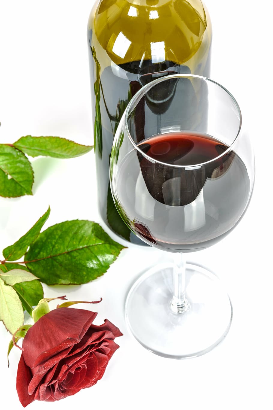 clear wine glass beside red rose, glass of wine, alcohol, drink