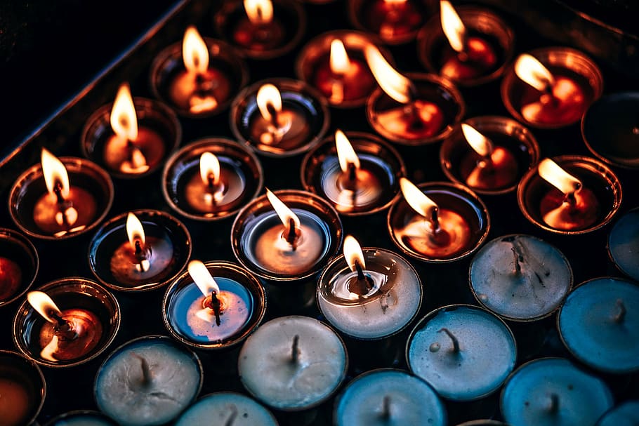 tealight candles are lit, fire, flame, night, large group of objects HD wallpaper