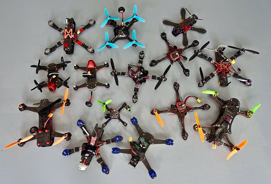 assorted-color quadcopter lot, drones, design, aviation, aerial, HD wallpaper