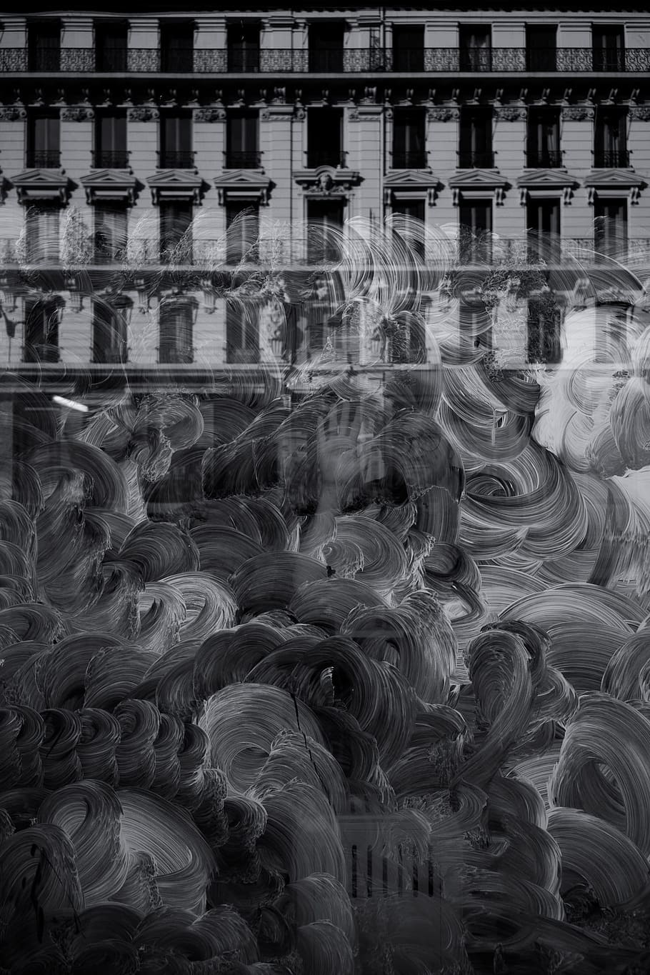 abstract painting, reflection of concrete building and grease marks HD wallpaper