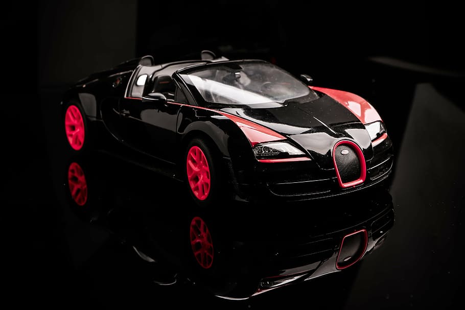 black and red Bugatti Veyron Super Sport die-cast metal model, HD wallpaper