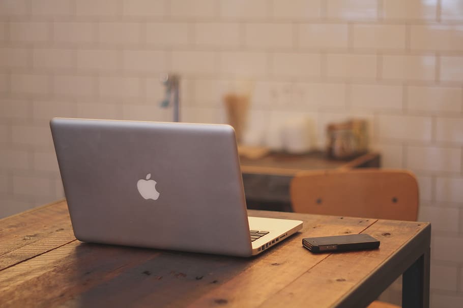 silver MacBook on brown table, notebook, home office, workstation, HD wallpaper