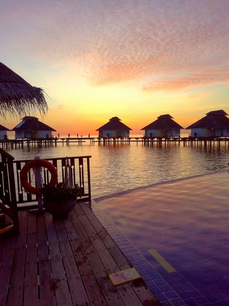 nipa hut on body of water, paradise, the maldives, pool, sea, HD wallpaper