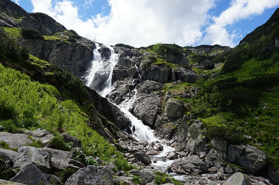 mountains, waterfall, green, landscape, nature, rocks, the beauty of nature HD wallpaper