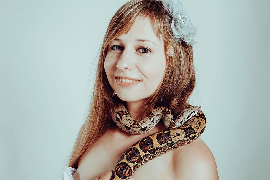 boa constrictor, snake, woman, with a snake, lovely, portrait, HD wallpaper