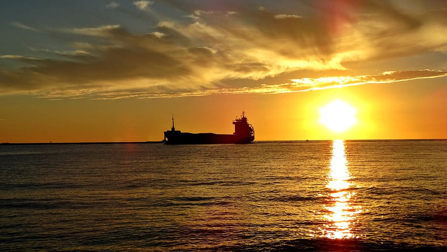 sunset, ship, riga, latvia, sun clouds, nature, shipping, boat HD wallpaper