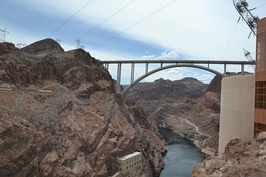 dam, clouds, landscape, bridge, mountains, usa, bridge - man made structure HD wallpaper