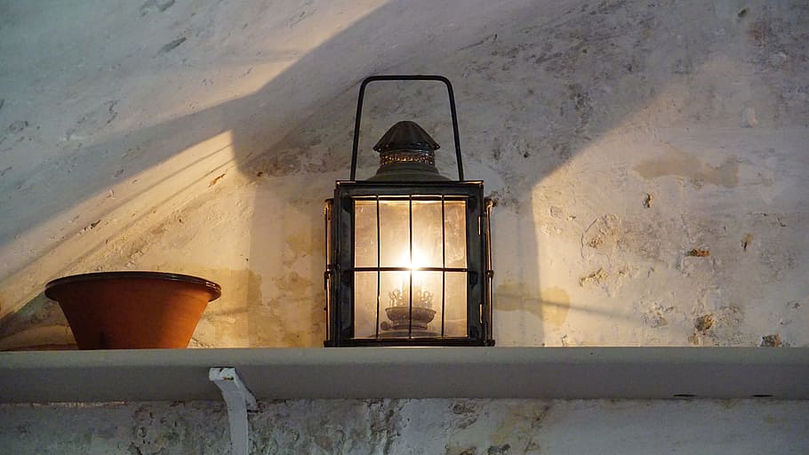 black lantern beside brown bowl, light, lamp, yellow, glass, bright, HD wallpaper