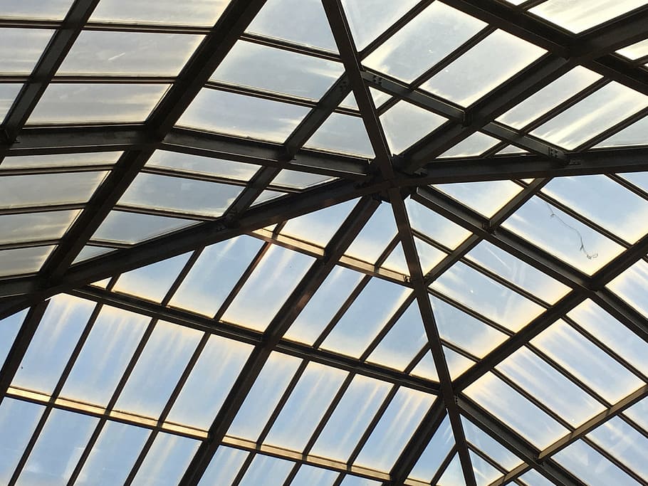 skylight, angles, glass, building, indoors, interior, sunlight HD wallpaper