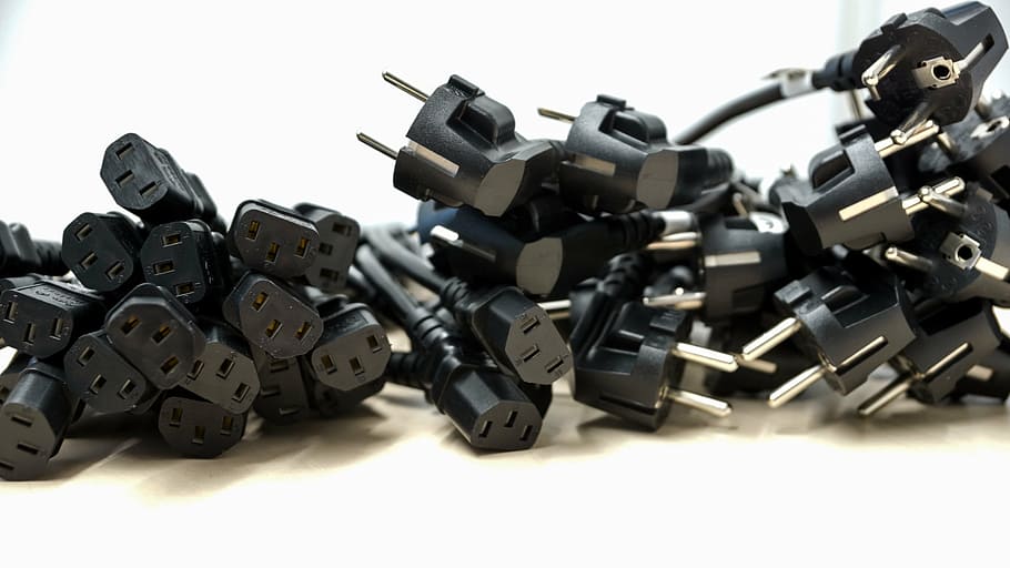 black 3-prong cable lot, plug, round, electricity, power, computer HD wallpaper