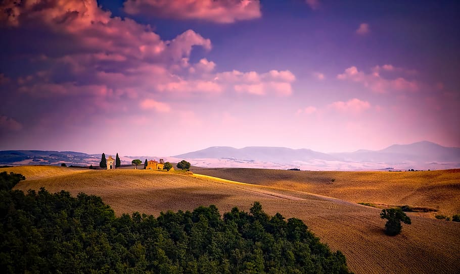 green trees under blue sky, italy, clouds, sunset, dusk, landscape HD wallpaper