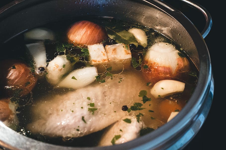 Cooking homemade chicken broth, healthy, kitchenware, soup, food