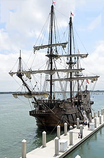 Black Pearl near dock, galleon, ship, moored, sail, vessel HD wallpaper