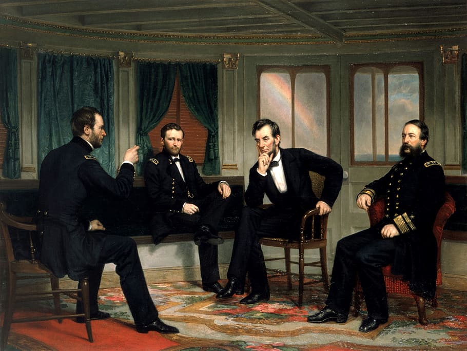 Lincoln and gentlemen having a conversation painting, head of state, HD wallpaper