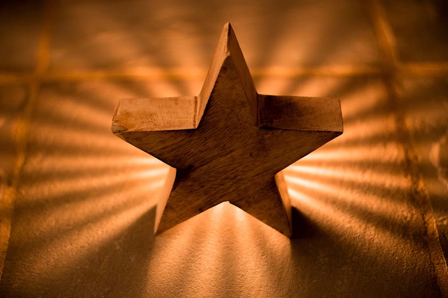 Wooden star on a desk, various, light, star Shape, gold Colored HD wallpaper