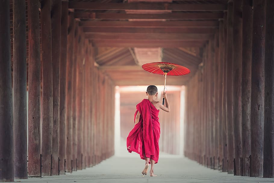 person in pink dress holding red oil paper umbrella, eat, asia