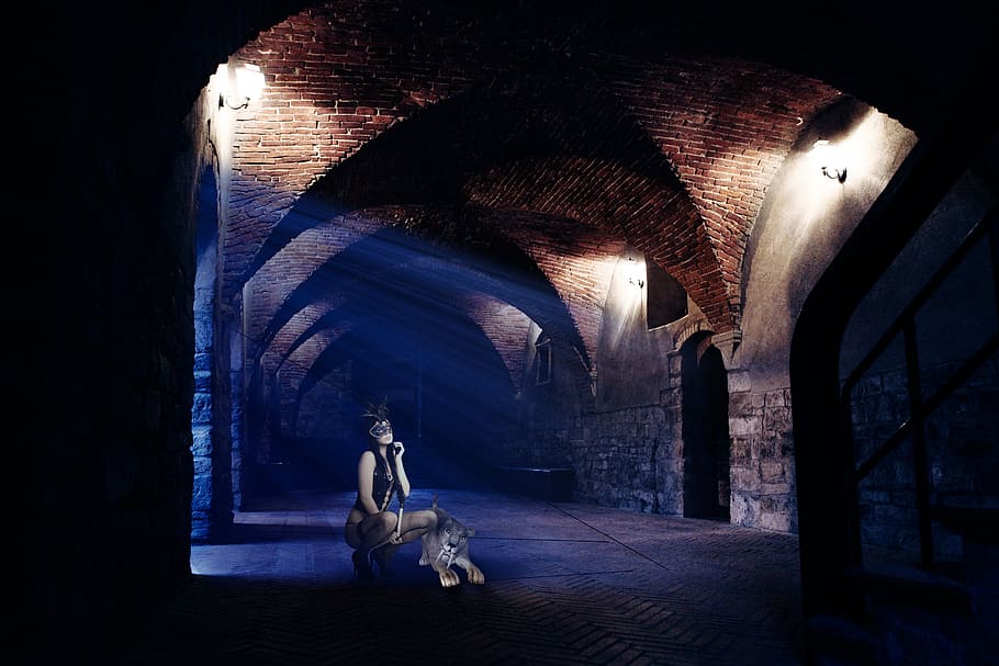 woman with puppy inside concrete dome, gothic, vault, side light