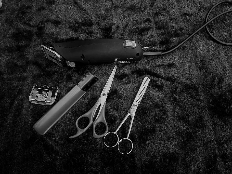 grayscale photography of corded hair clipper and trimming shears on textile, HD wallpaper