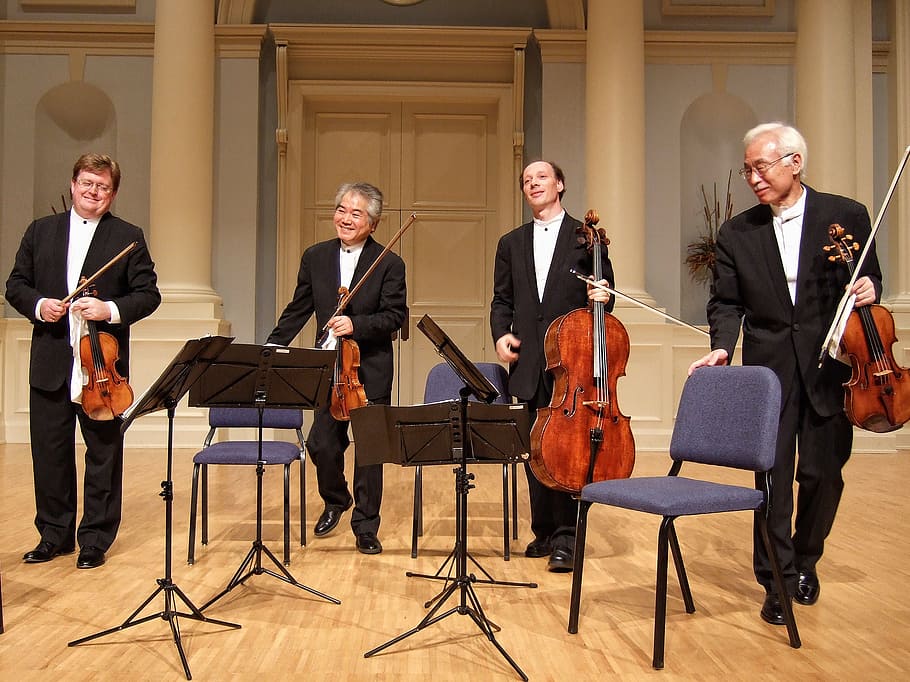 four men playing instruments, quartet, tokyo, stage, strings HD wallpaper