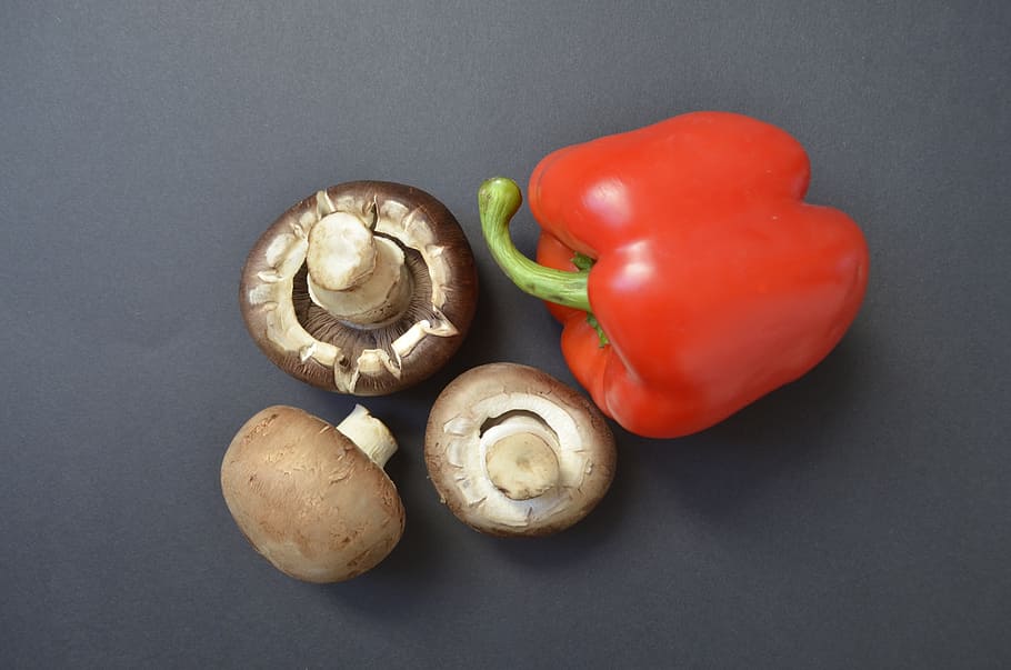 mushrooms, paprika, food, vegetables, healthy, black background, HD wallpaper