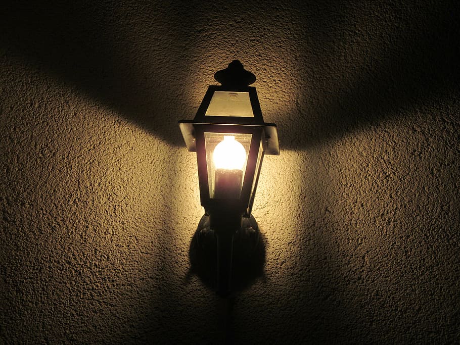 turned-on sconce lamp, lantern, light, lighting, hell, seem, lights, HD wallpaper