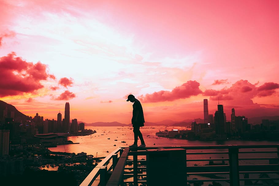 silhouette of man standing on fence, architecture, building HD wallpaper