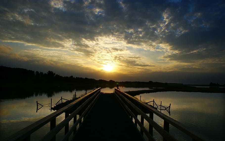 beach, clouds, dawn, dusk, evening, jetty, lake, landscape HD wallpaper