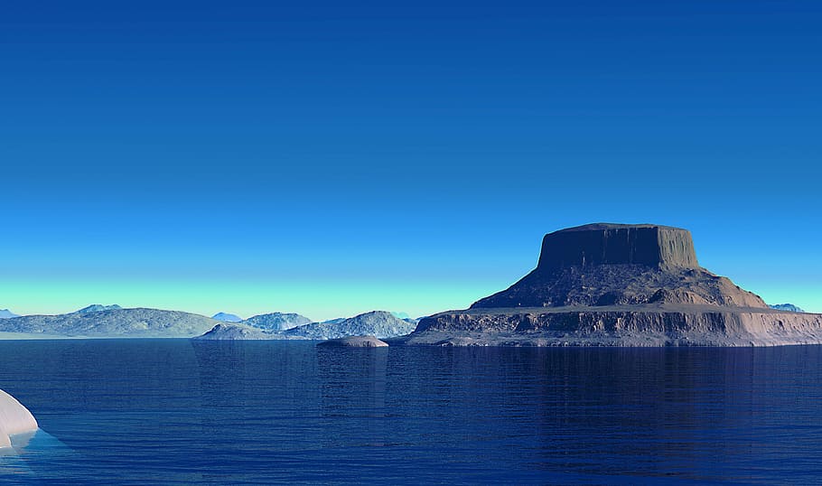 landscape photo of isles surrounded by sea, virtual, mountains HD wallpaper