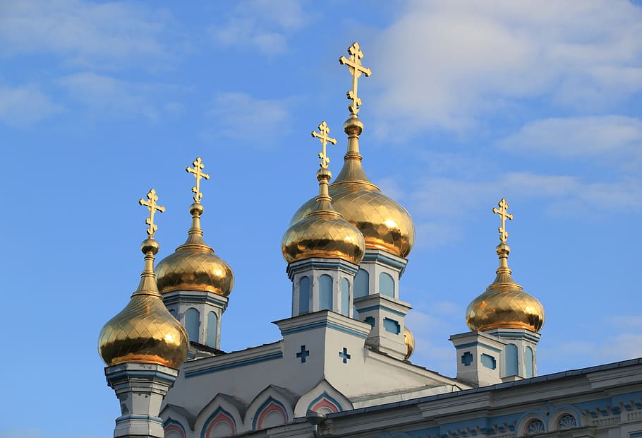 Latvia, Daugavpils, Church, Orthodox, cross, gold, onion, architecture, HD wallpaper