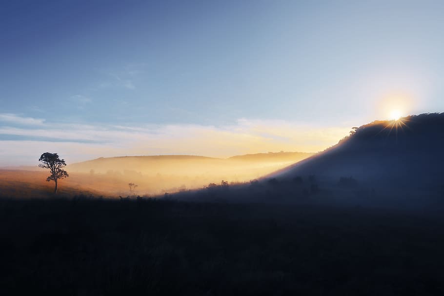 silhouette photography of mountain under blue sky, savana photo HD wallpaper