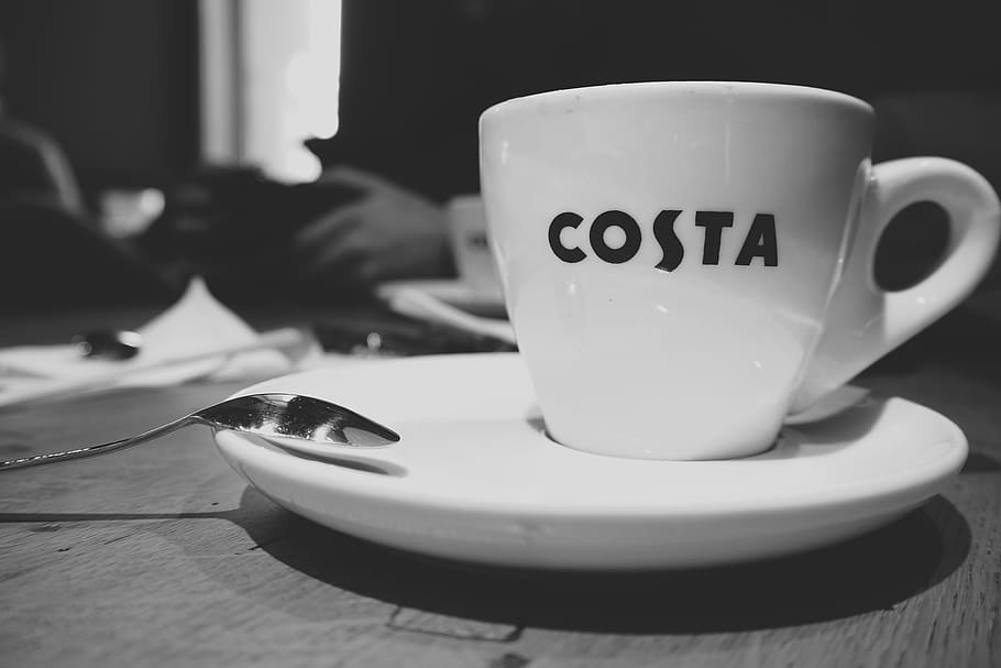 coffee, hot, drink, espresso, cup, saucer, spoon, costa, coffeehouse, HD wallpaper