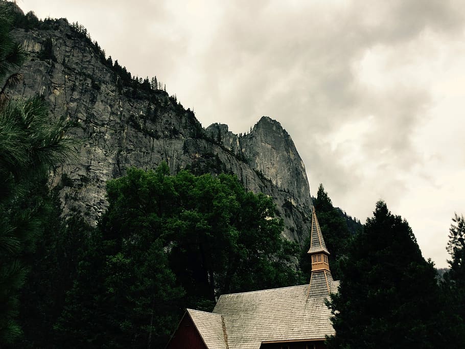 white house near mountain, gray house near mountain, rock, church