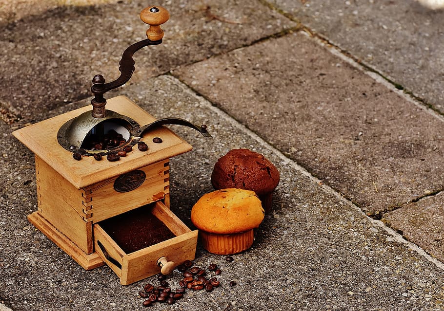 grinder, muffin, cake, coffee, coffee beans, delicious, enjoy HD wallpaper